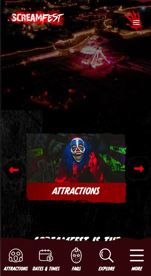 Screamfest website preview with its illuminated attraction artwork and logo