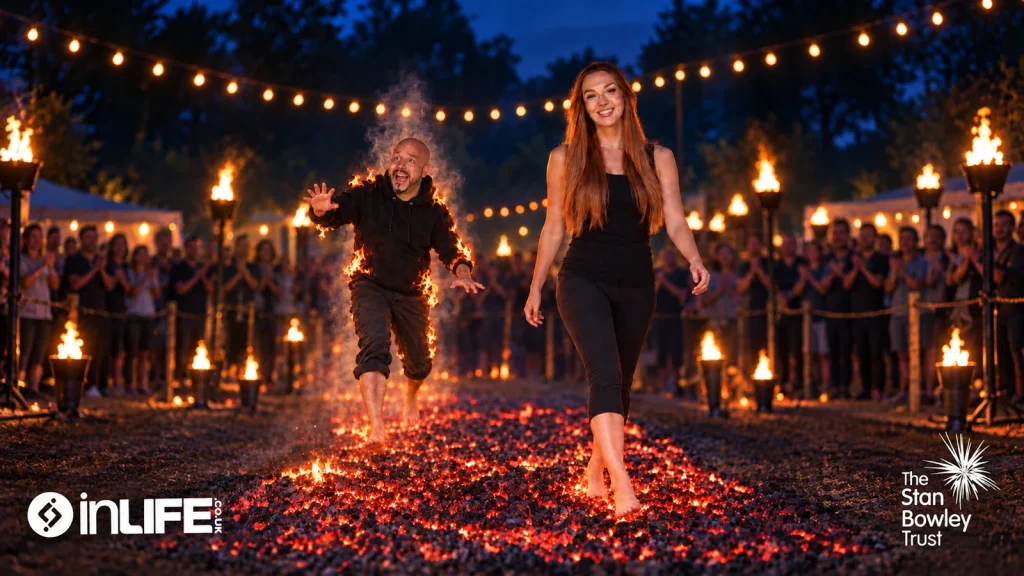 Promotional artwork of David and Lottie taking on the inLIFE fire walk for The Stan Bowley Trust