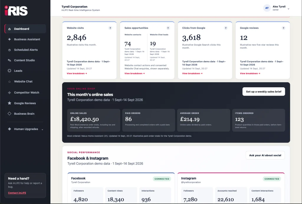 IRIS dashboard showing website, search, enquiry and social reporting with illustrative demo figures