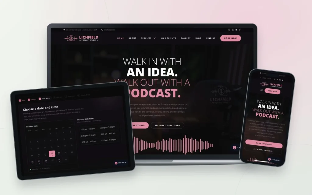 Lichfield Podcast Studio website designed by inLIFE, shown on MacBook, iPad and iPhone
