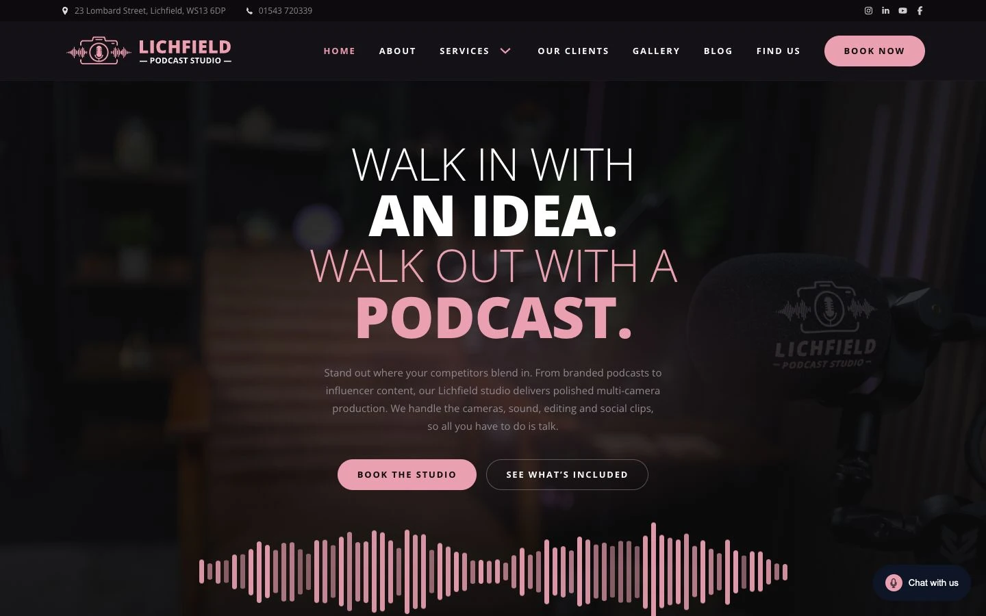 Lichfield Podcast Studio homepage with podcast recording services and an online booking button