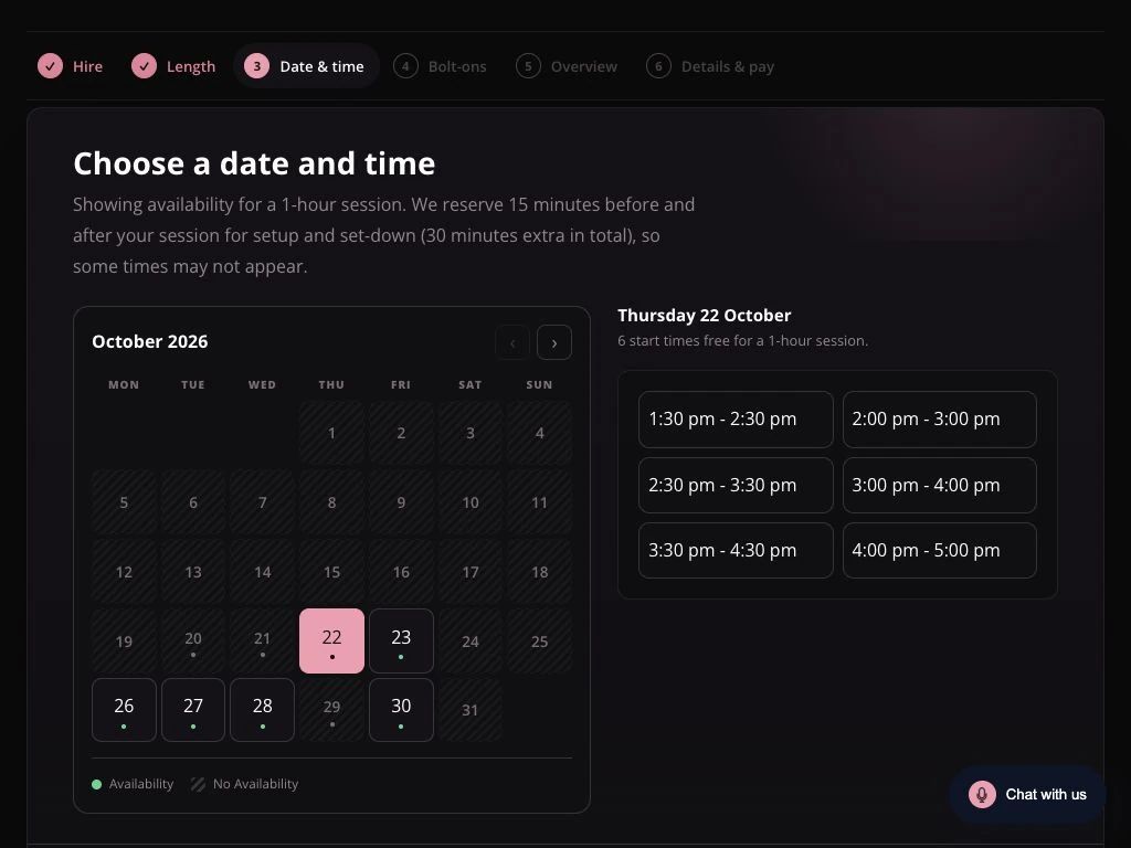 Lichfield Podcast Studio booking calendar showing available dates and session times