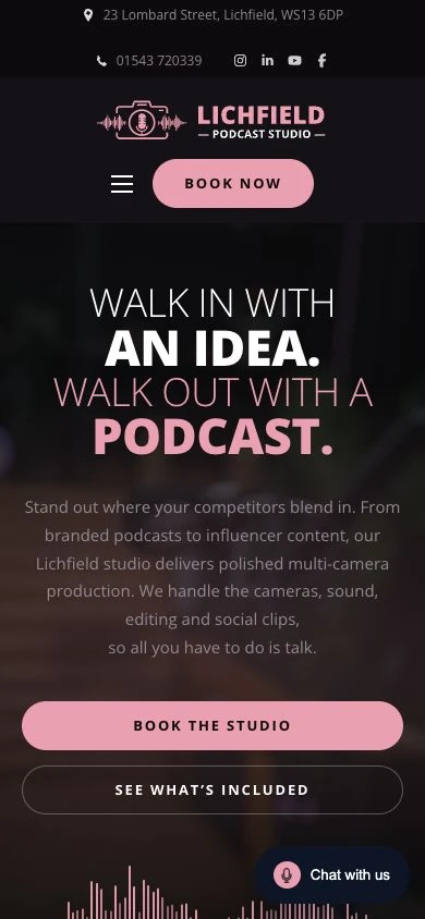 Lichfield Podcast Studio mobile homepage with clear service information and a Book the Studio button